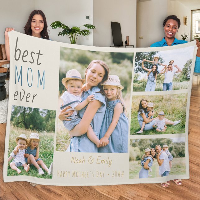 Best Mum Ever Photo Collage Personalised Stone Fleece Blanket (Creator Uploaded)