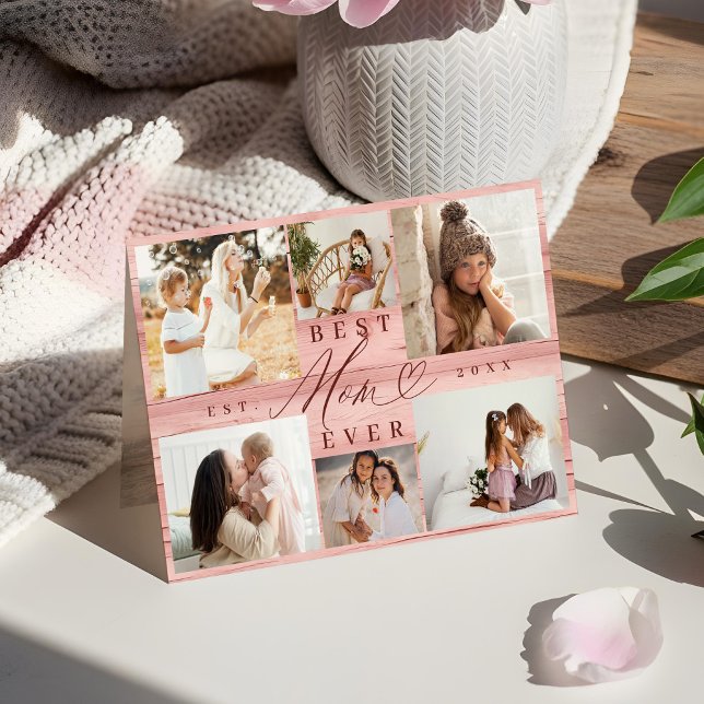 Best Mum Ever Photo Collage Pink Woodgrain  Card (Best Mom Ever Photo Collage Pink Woodgrain Card)