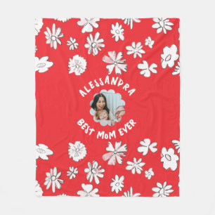 Best mum ever photo floral monogram cute red white fleece blanket