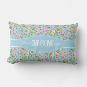 Best Mum Ever Pink Apple Blossom on Blue Pattern Lumbar Cushion