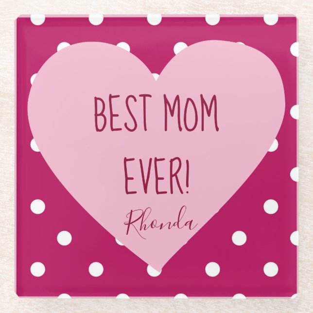 Best Mum Ever Pink Heart and Polka dots Glass Coaster (Front)