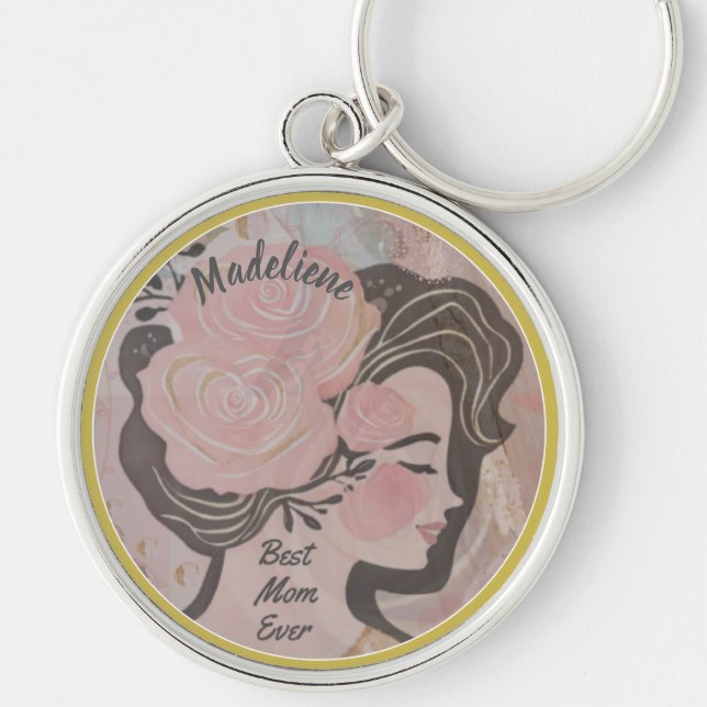 Best Mum Ever Pretty Flowers Gold Frame Round Name Key Ring (Front)