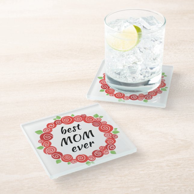 Best mum ever red roses wreath spring cute glass coaster (Angled)