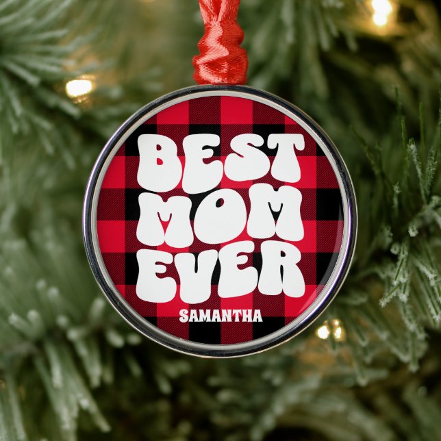 Best Mum Ever Rustic Red Buffalo Plaid Christmas Metal Ornament (Tree)
