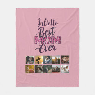 Best Mum Ever Script Pink Floral Photo Collage Fleece Blanket