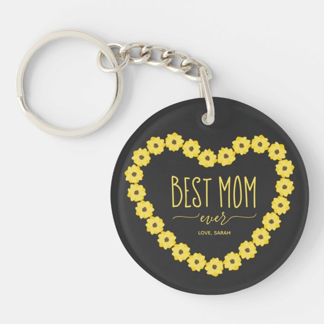 Best Mum Ever Sunflower Heart Personalised Name Key Ring (Front)