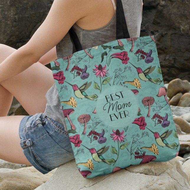 Best Mum Ever Teal Floral Hummingbird Crossbody Bag (FRONT: Best Mom Ever Hand-Drawn Hummingbird, Flowers & Mushrooms
BACK: Photo & 2 Personalized Texts.)