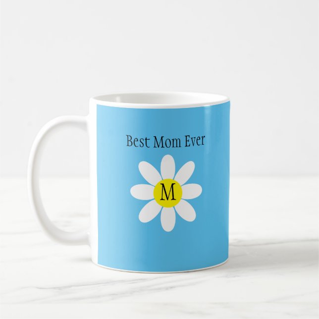 Best Mum Ever White Daisy Sky Blue Single Initial  Coffee Mug (Left)