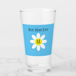 Best Mum Ever White Daisy Sky Blue Single Initial  Glass