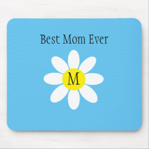 Best Mum Ever White Daisy Sky Blue Single Initial  Mouse Pad