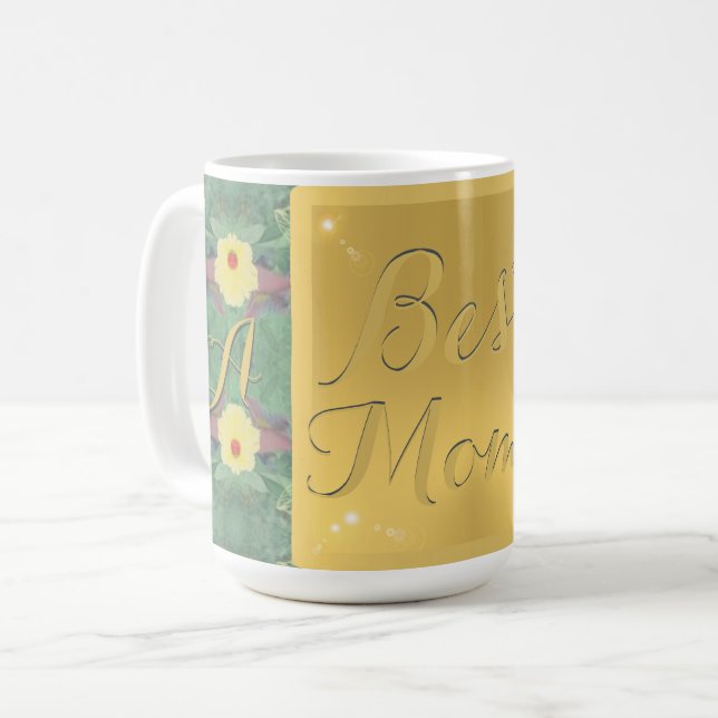 "Best Mum" Floral Brass-like Monogram Mug (Front Left)