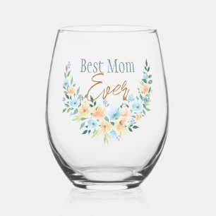Best Mum Floral Half Wreath Stemless Wine Glass