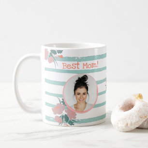 Best Mum Floral Striped Pink Turquoise Photo Coffee Mug