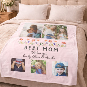Best Mum Flowers 5 Photo Collage Keepsake Fleece Blanket