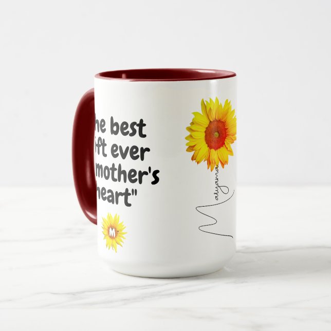 Best Mum Gift (Quote, monogram & Name) Sunflower Mug (Front Left)