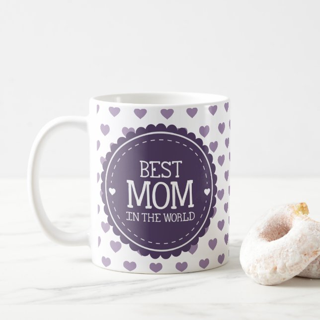 Best Mum in the World Violet Hearts and Circle Coffee Mug (With Donut)