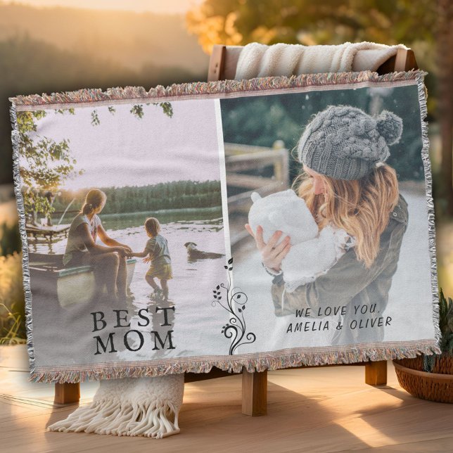 Best Mum Modern Foliage 2 Custom Photos Mother  Throw Blanket (Creator Uploaded)