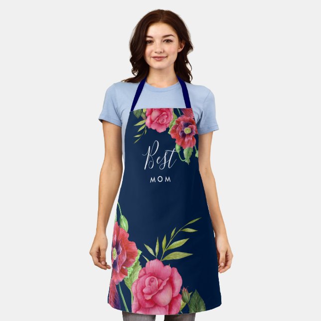 Best Mum Modern Red Pink Flowers on Dark Navy Apron (Worn)