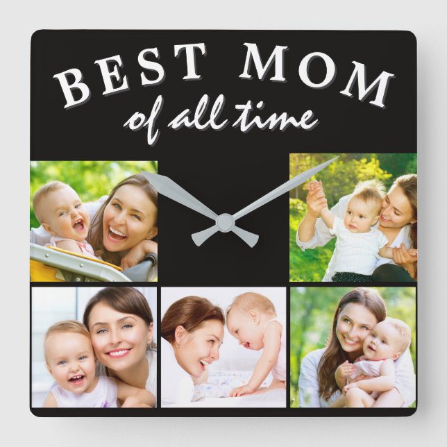 Best Mum of All Time Photo Collage Black Square Wall Clock (Front)