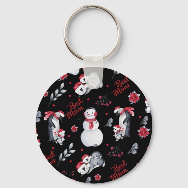 Best Mum Penguin Christmas pattern Key Ring (Front)