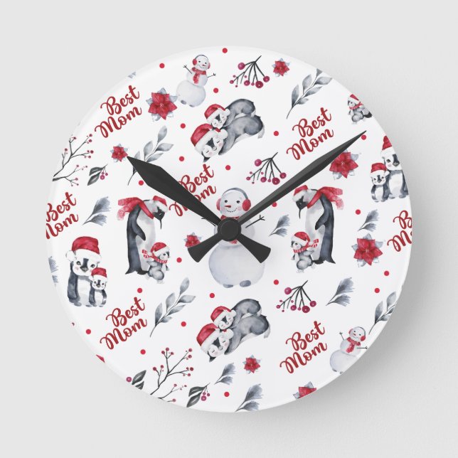 Best Mum Penguin Christmas pattern Round Clock (Front)