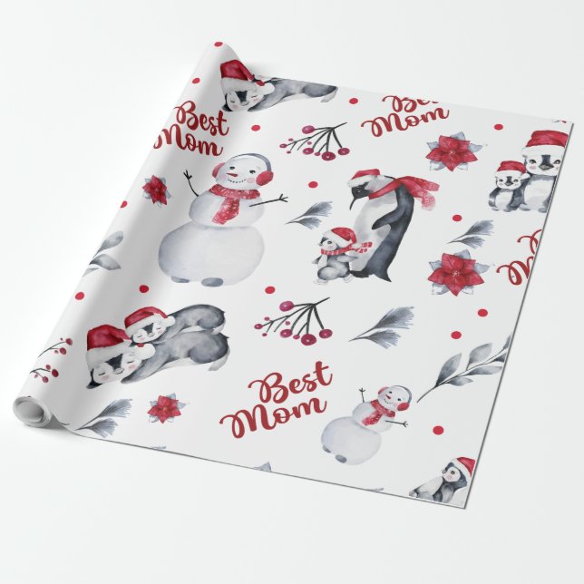 Best Mum Penguin Christmas pattern Wrapping Paper (Unrolled)