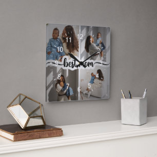 Best Mum Personalised 4 Photo Collage Square Wall Clock