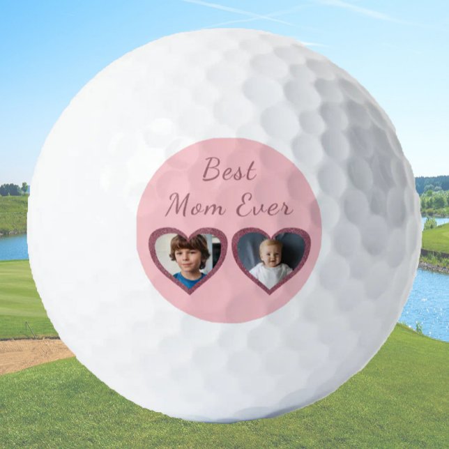 Best Mum Pink Hearts 2 Kids Custom Photo Collage Golf Balls (Creator Uploaded)