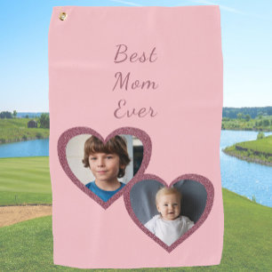Best Mum Pink Hearts 2 Kids Custom Photo Collage Golf Towel