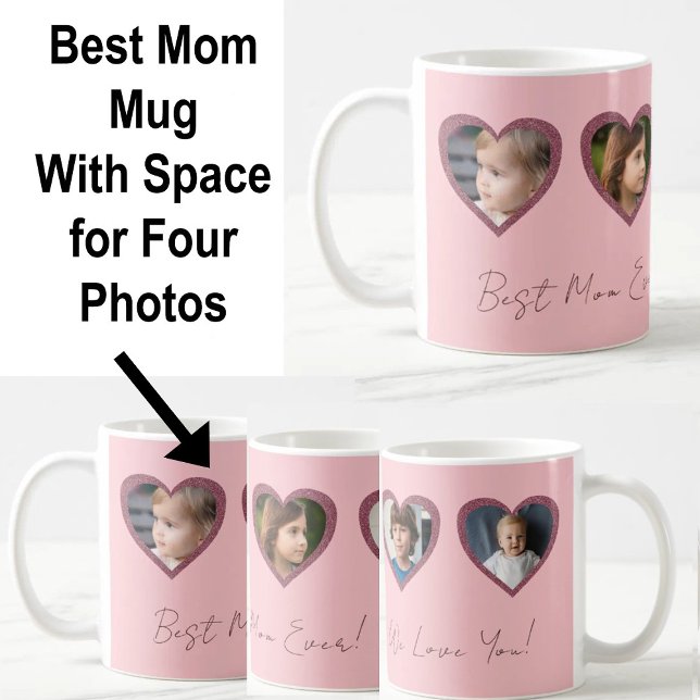 Best Mum Pink Hearts Four Kids Photo Collage  Coffee Mug (Creator Uploaded)
