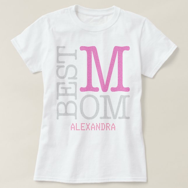 Best Mum Pink Silver Glitter Name Personalised T-Shirt (Design Front)