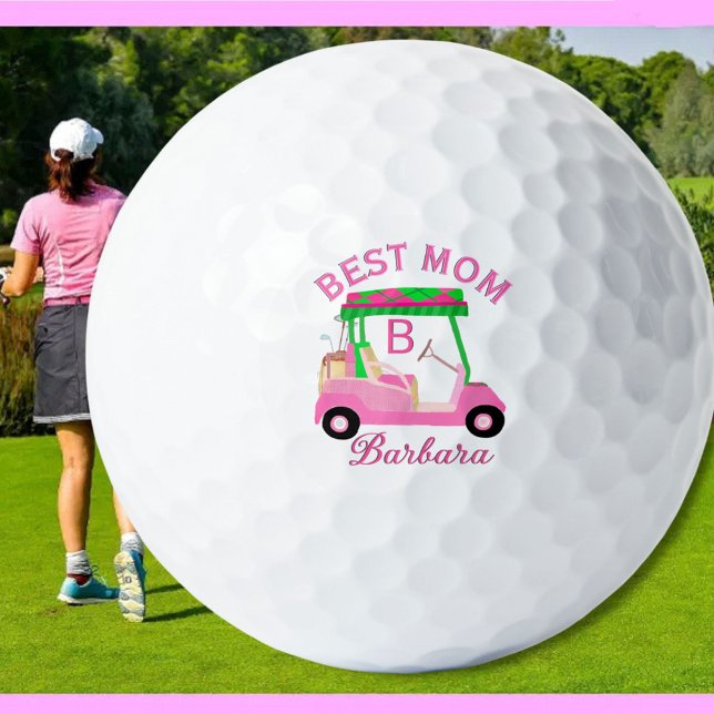 Best Mum Pink Watercolor Cart Monogram Name  Golf Balls (Creator Uploaded)