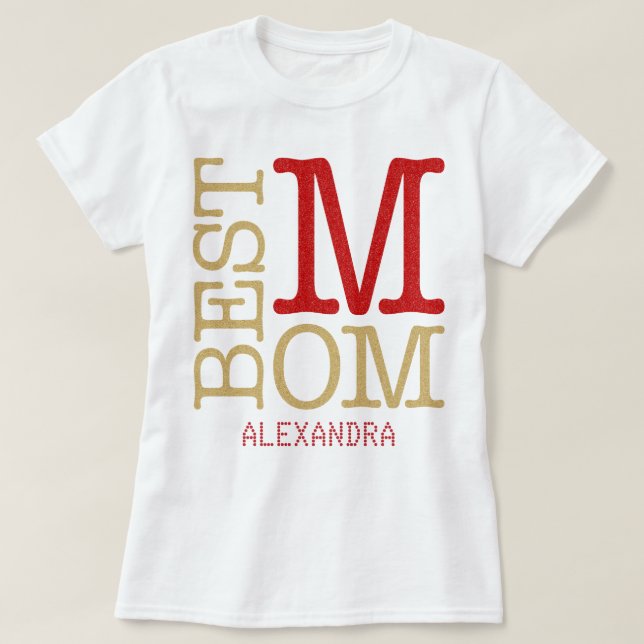Best Mum Red Gold Glitter Name Personalised T-Shirt (Design Front)