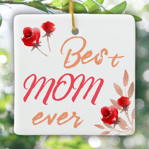 Best Mum Red Roses Watercolor Mother Ceramic Ornament