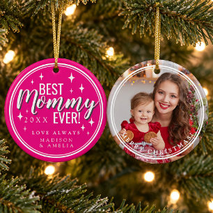 Best Mummy Ever Pink Script Retro Photo Christmas Ceramic Ornament