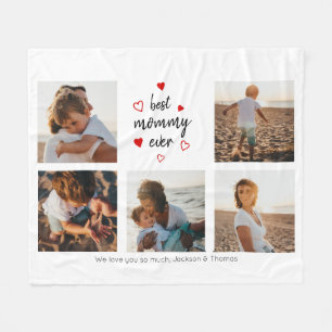 Best Mummy Ever Typography Red Hearts 5 Photos Fleece Blanket
