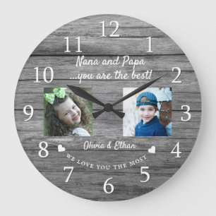 Best Nana And Papa Grandkids 2 Photo Grey Wood Large Clock
