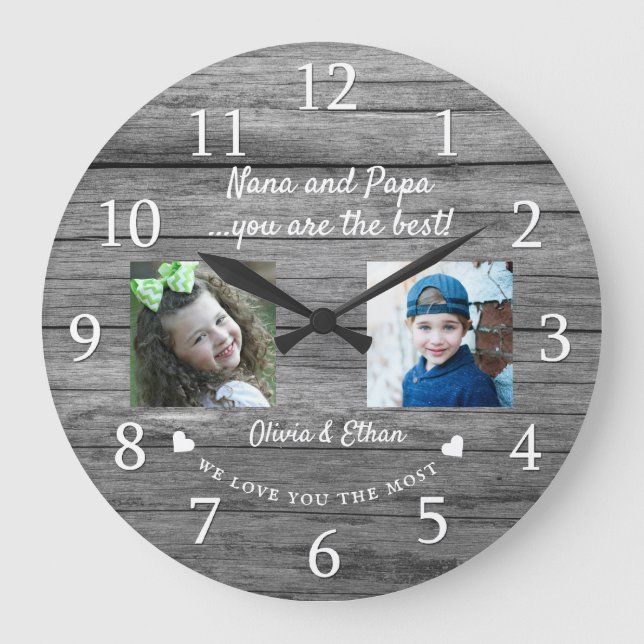Best Nana And Papa Grandkids 2 Photo Grey Wood Large Clock (Front)