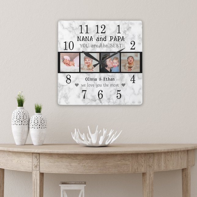 Best Nana And Papa Grandkids 4 Photo Marble Square Wall Clock (Creator Uploaded)