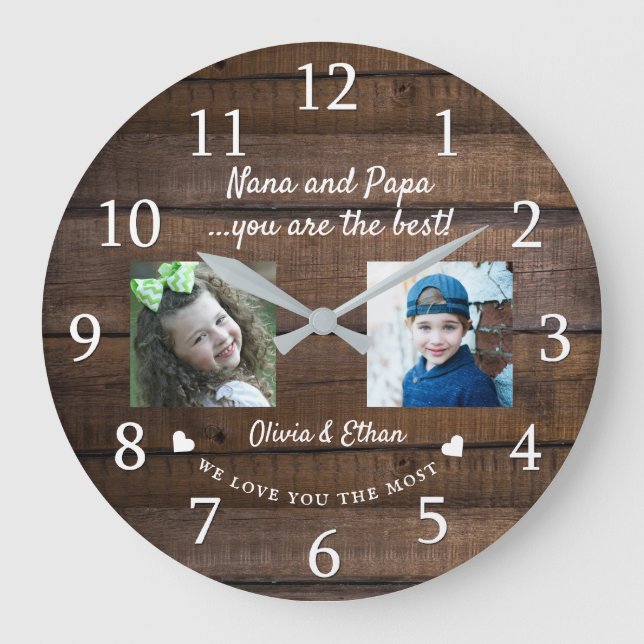 Best Nana And Papa Grandkids Photo Collage Wood Large Clock (Front)