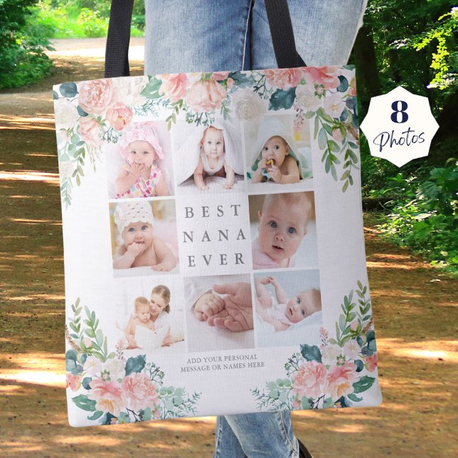 BEST NANA EVER 8 Photo Collage Pink Floral Custom Tote Bag (Creator Uploaded)