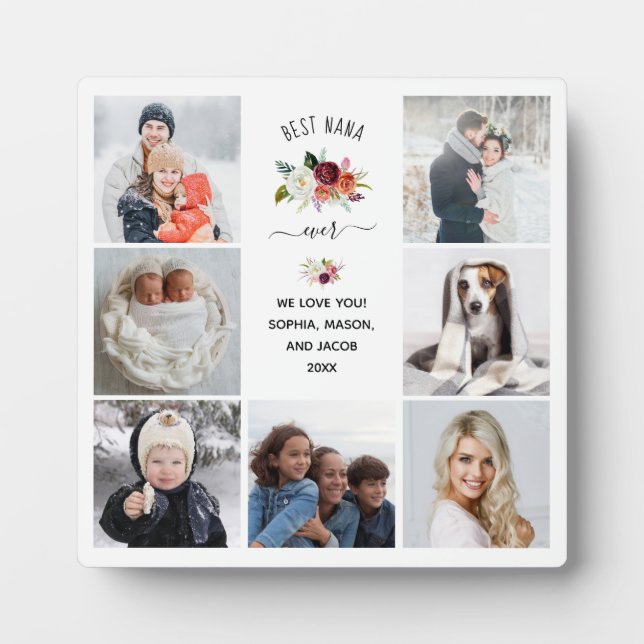 Best Nana Ever | Burgundy Boho Floral Photo Grid Plaque (Front)