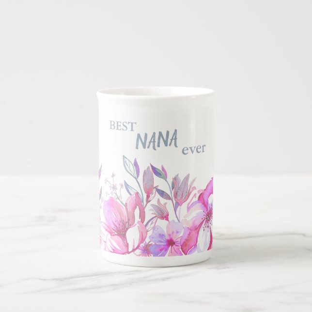 Best Nana Ever Pink and Purple Flowers Bone China Mug (Front)