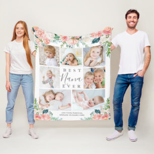 BEST NANA EVER Pink Floral 7 Photo Personalised Fleece Blanket