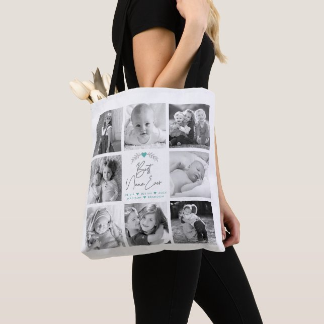 Best Nana Ever Script 8 Photo Collage Modern Chic Tote Bag (Close Up)