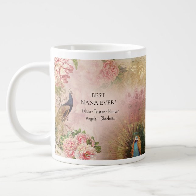 Best Nana Pink Floral Peacock Children Mothers Day Large Coffee Mug (Left)