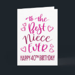 Best Niece Ever 40th Birthday Typography in Pink Card<br><div class="desc">Simple but bold typography in pink tones to wish your Best Niece EVER a Happy 40th Birthday. © Ness Nordberg</div>