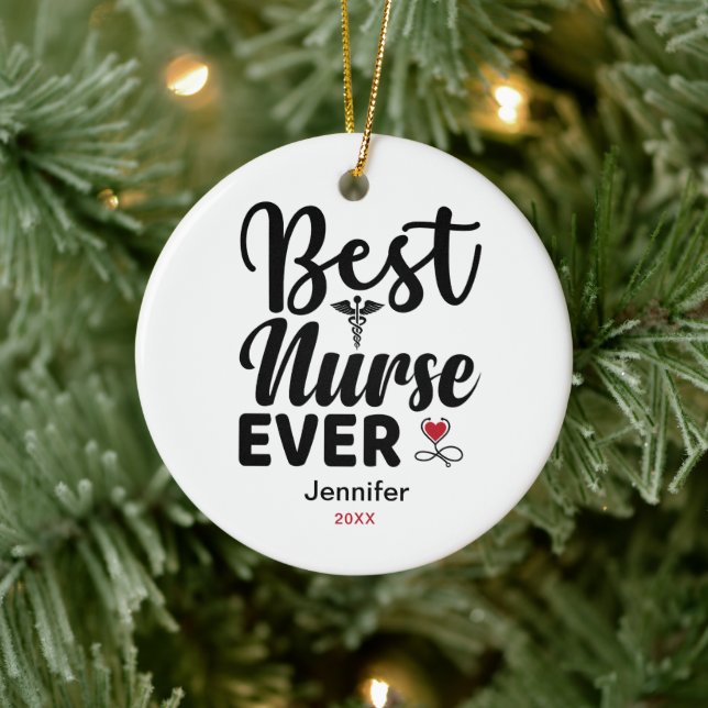 Best Nurse Ever Caduceus Heart Personalised Ceramic Ornament (Tree)
