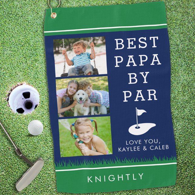 BEST PAPA BY PAR 3 Photo Collage Blue Green Golf Towel (Creator Uploaded)