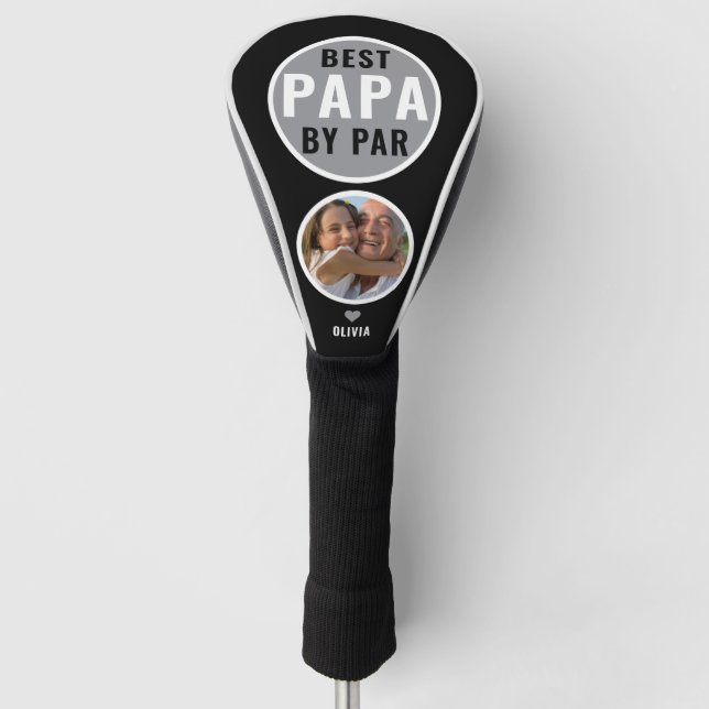 Best Papa By Par Golf Gift Custom Name Photo Black Golf Head Cover (Front)